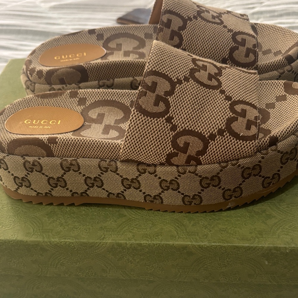 Gucci Brown & Beige GG Monogram Platform Slides - Picture 4 of 10